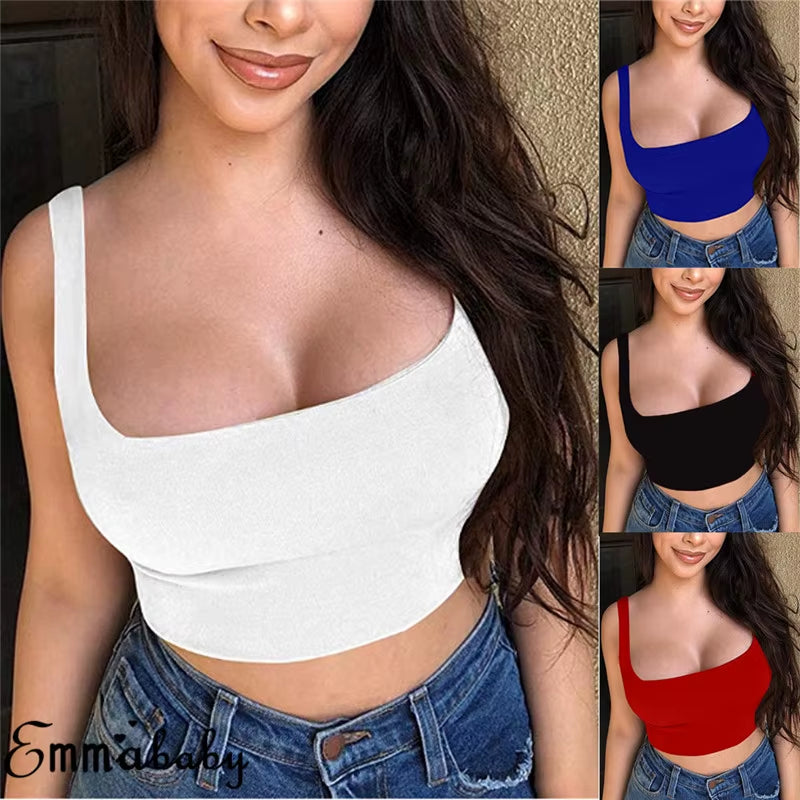 Sexy Women Solid Strappy Tank 2019 Vest Crop Top Summer Beach Party Sleeveless Slash Neck Tanks Woman Girls Bralette Tank Top