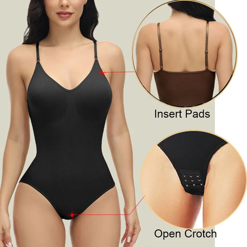 New Women V Neck Spaghetti Strap Bodysuits with Padded Body Suits Open Crotch Shapewear Slimming Body Shaper Smooth Out Bodysuit