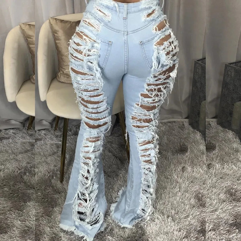 Casual Loose Blue Jeans Hollow Out Wide Leg Denim Pants Women High Waist Streetwear Harajuku Straight Trousers 2021