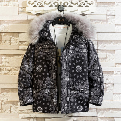 Winter Bandana Puffer Jacket Men Brand Thick Warm Casual Parka Loose Harajuku Fashion Zipper Paisley Windproof