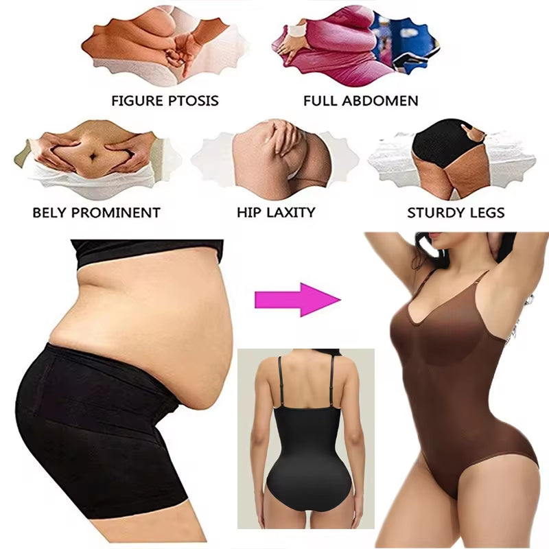 New Women V Neck Spaghetti Strap Bodysuits with Padded Body Suits Open Crotch Shapewear Slimming Body Shaper Smooth Out Bodysuit