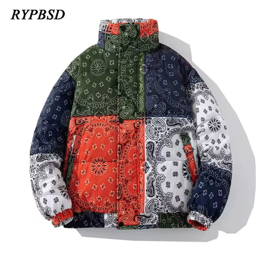 Winter Bandana Puffer Jacket Men Brand Thick Warm Casual Parka Loose Harajuku Fashion Zipper Paisley Windproof