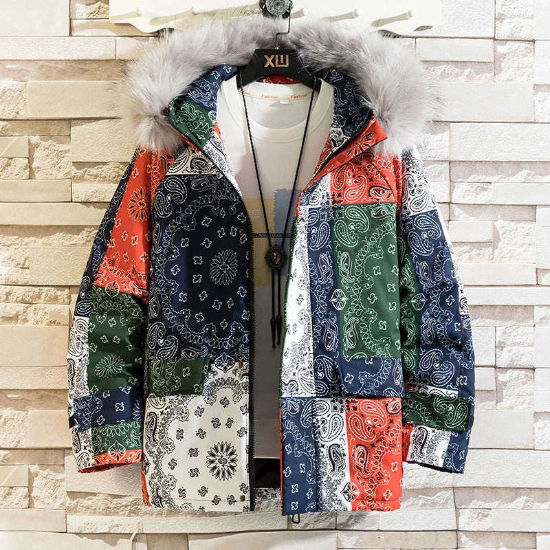 Winter Bandana Puffer Jacket Men Brand Thick Warm Casual Parka Loose Harajuku Fashion Zipper Paisley Windproof