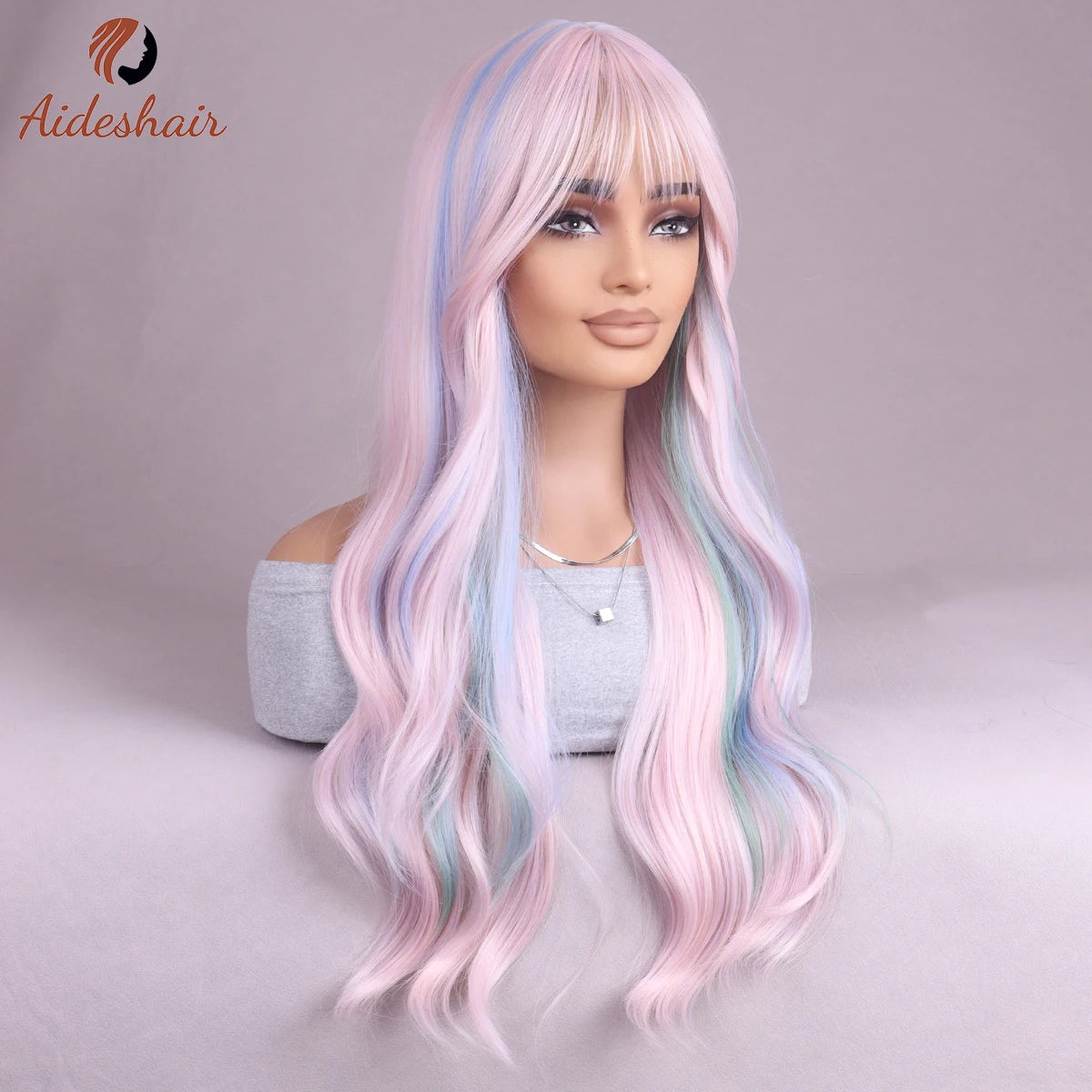 Mixed Color Air Fringe Accent wig for women Long curls Wavy waves Synthetic wig for everyday party use (26 inches)