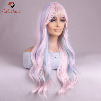 Mixed Color Air Fringe Accent wig for women Long curls Wavy waves Synthetic wig for everyday party use (26 inches)