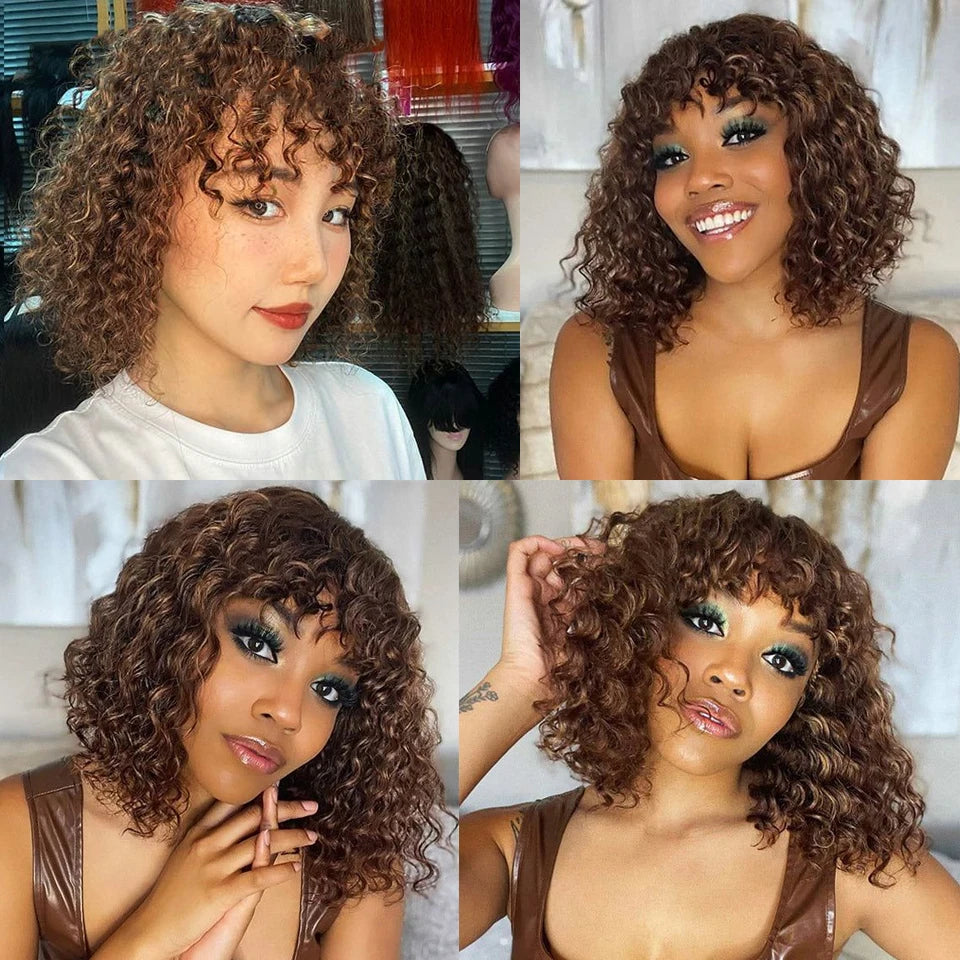 Short Curly Bob Human Hair Wigs With Bangs Full Machine Made Wigs Highlight Honey Blonde Colored Wigs For Women Cheap Remy Hair