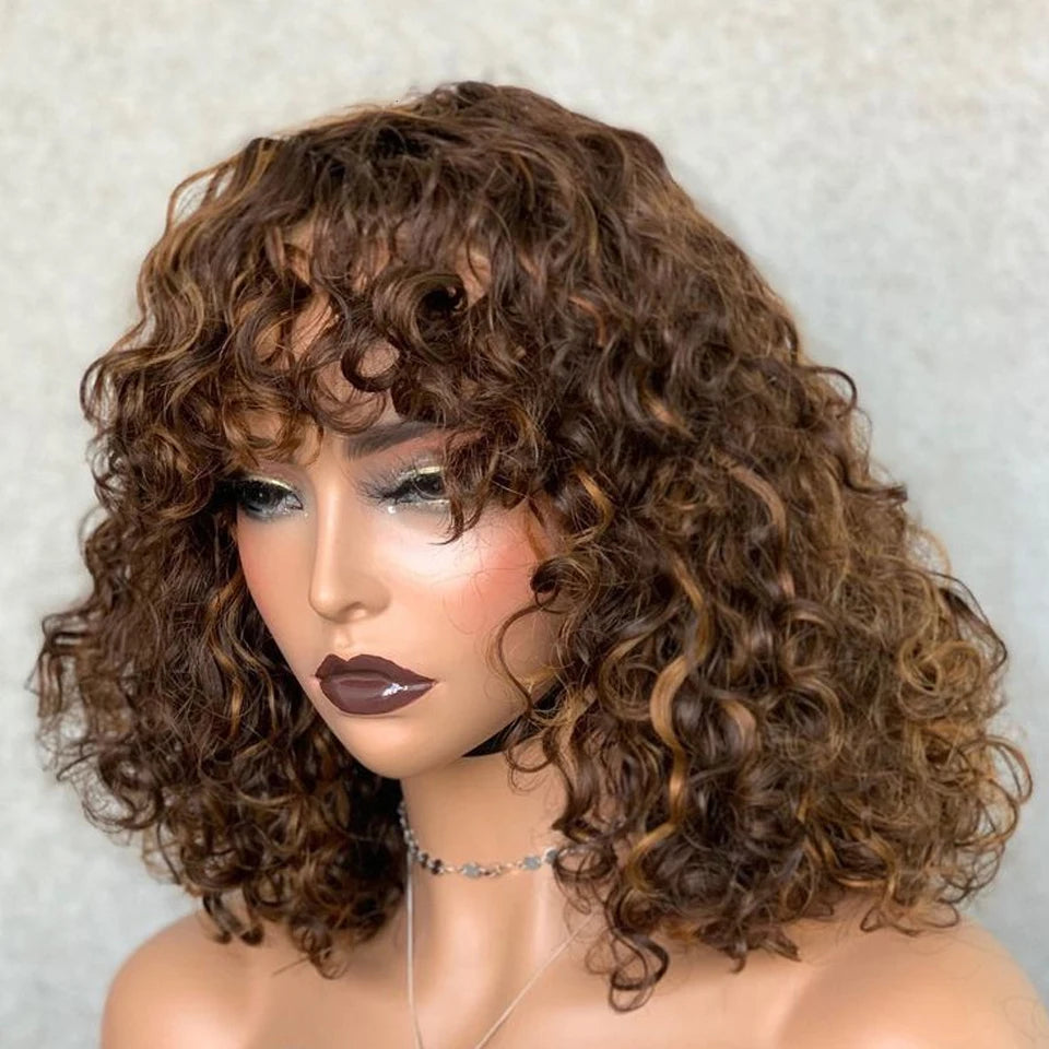 Short Curly Bob Human Hair Wigs With Bangs Full Machine Made Wigs Highlight Honey Blonde Colored Wigs For Women Cheap Remy Hair