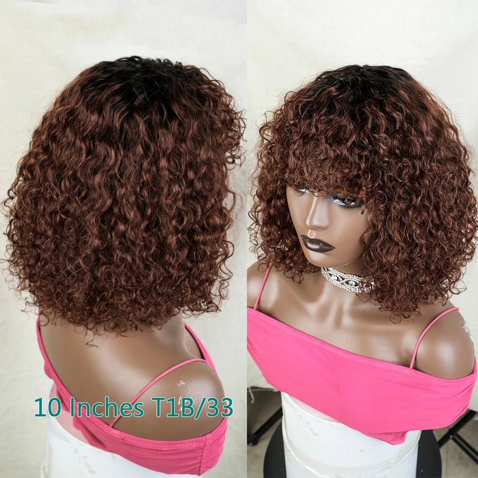 Short Curly Bob Human Hair Wigs With Bangs Full Machine Made Wigs Highlight Honey Blonde Colored Wigs For Women Cheap Remy Hair