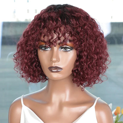 Short Curly Bob Human Hair Wigs With Bangs Full Machine Made Wigs Highlight Honey Blonde Colored Wigs For Women Cheap Remy Hair