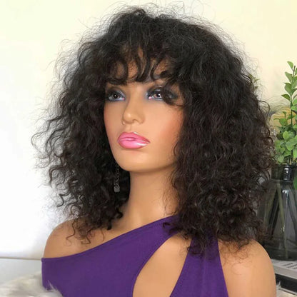 Short Curly Bob Human Hair Wigs With Bangs Full Machine Made Wigs Highlight Honey Blonde Colored Wigs For Women Cheap Remy Hair