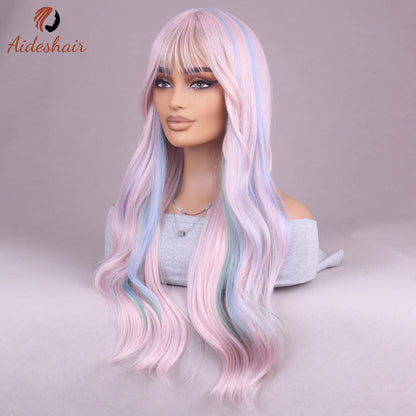 Mixed Color Air Fringe Accent wig for women Long curls Wavy waves Synthetic wig for everyday party use (26 inches)