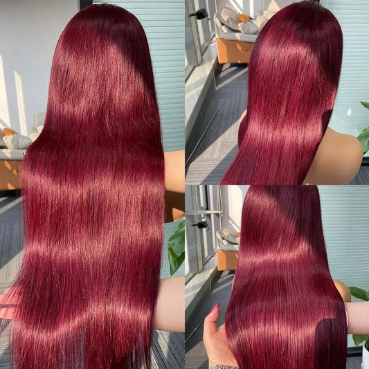 99J Red Lace Front Human Hair Wigs Burgundy Colored Straight Transparent Lace Frontal Wig Human Hair Wigs For Women On Sale