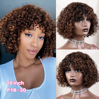 Short Curly Bob Human Hair Wigs With Bangs Full Machine Made Wigs Highlight Honey Blonde Colored Wigs For Women Cheap Remy Hair