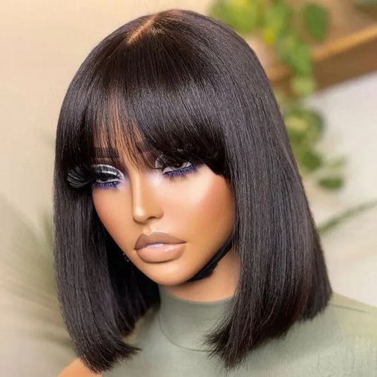 Short Bob Wig With Bangs Straight Hair Bob Wig Brazilian Human Hair Wig Remy 3X1 Lace Middle Part Wig for Black Women Bob Wig