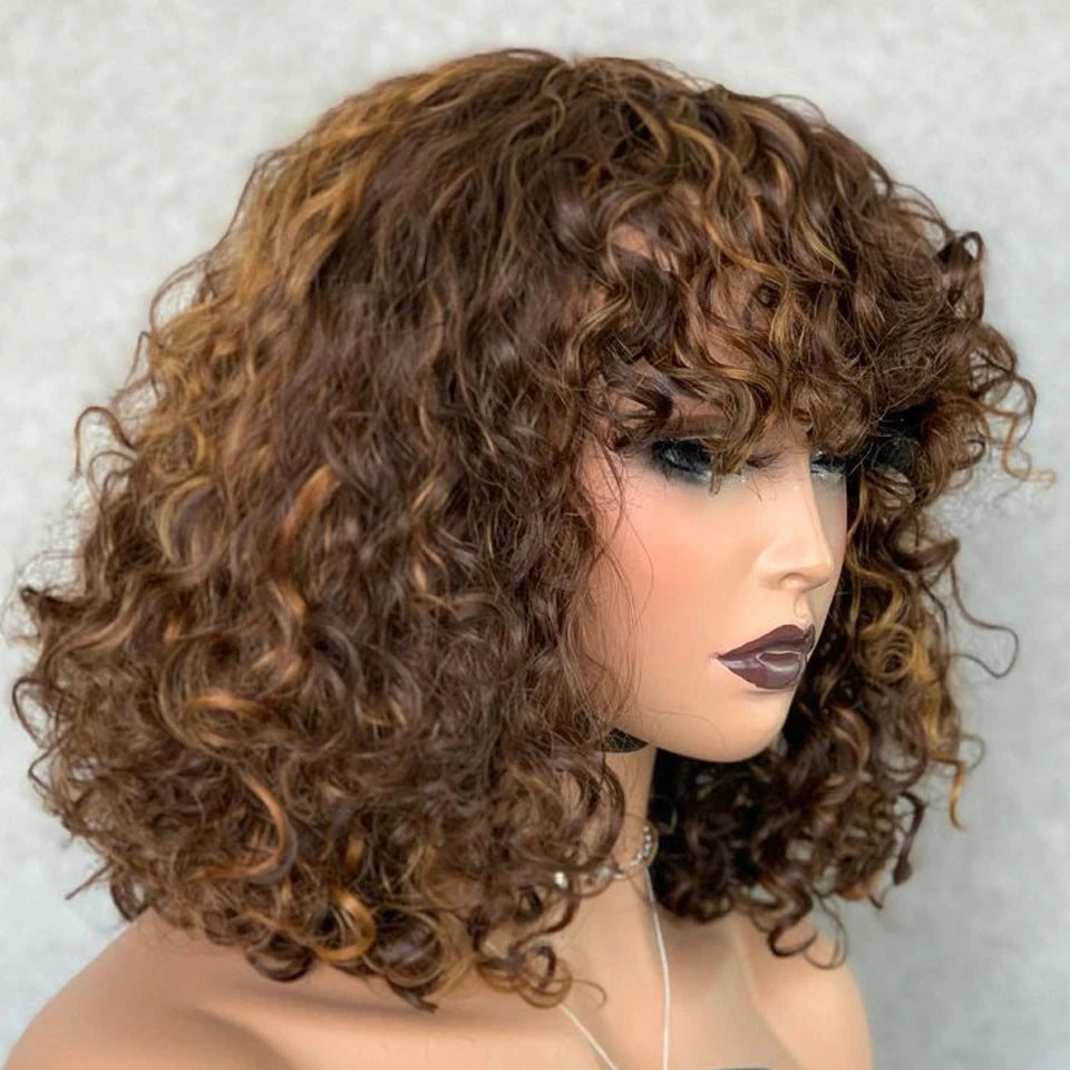 Short Curly Bob Human Hair Wigs With Bangs Full Machine Made Wigs Highlight Honey Blonde Colored Wigs For Women Cheap Remy Hair