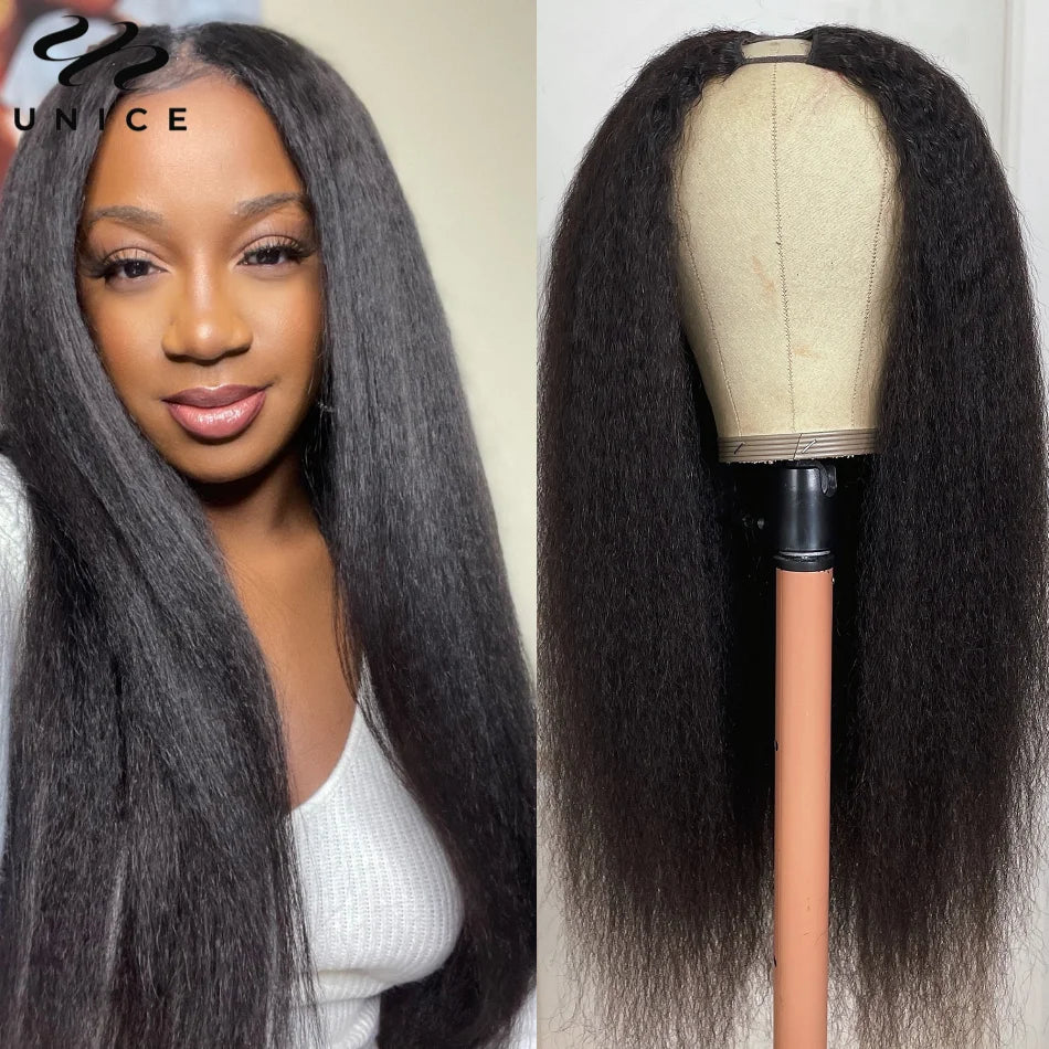 UNICE Kinky Straight V Part Wig Wig 100% Human Hair EasiContour Minimal Leave Out Upgrade U Part Human Hair Wigs 150% Density