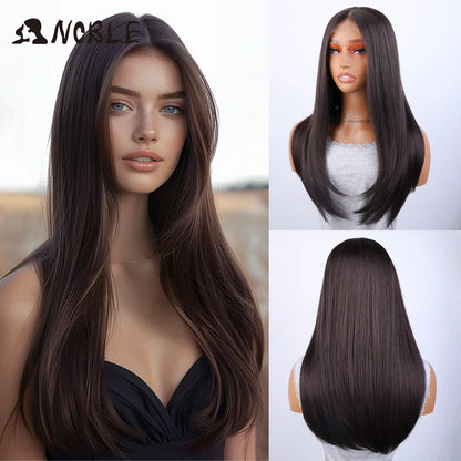 Noble Synthetic Lace Front Wig Hair Straight Baby Hair Bob Wig Synthetic Hair Wig 22" Brown Wig Bob Wig For Women Cosplay Wig