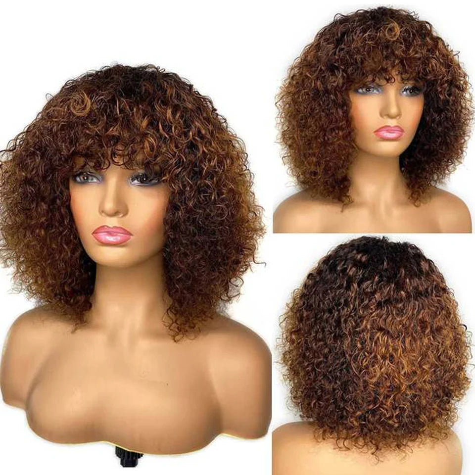 Short Curly Bob Human Hair Wigs With Bangs Full Machine Made Wigs Highlight Honey Blonde Colored Wigs For Women Cheap Remy Hair