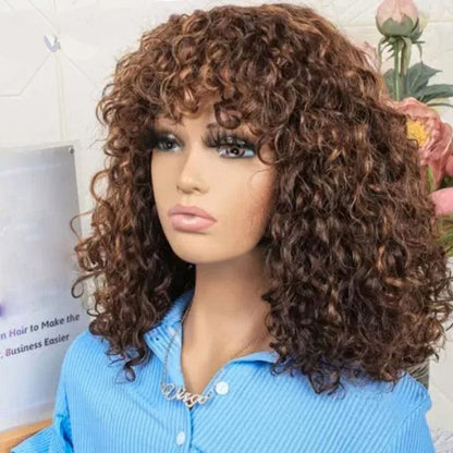 Short Curly Bob Human Hair Wigs With Bangs Full Machine Made Wigs Highlight Honey Blonde Colored Wigs For Women Cheap Remy Hair