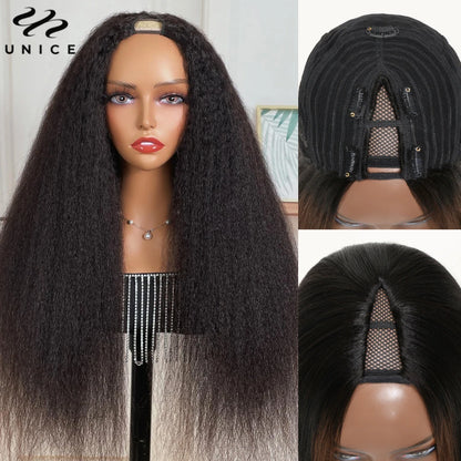 UNICE Kinky Straight V Part Wig Wig 100% Human Hair EasiContour Minimal Leave Out Upgrade U Part Human Hair Wigs 150% Density