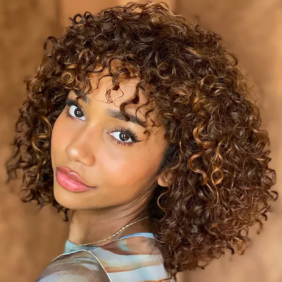 Short Curly Bob Human Hair Wigs With Bangs Full Machine Made Wigs Highlight Honey Blonde Colored Wigs For Women Cheap Remy Hair