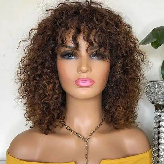 Short Curly Bob Human Hair Wigs With Bangs Full Machine Made Wigs Highlight Honey Blonde Colored Wigs For Women Cheap Remy Hair