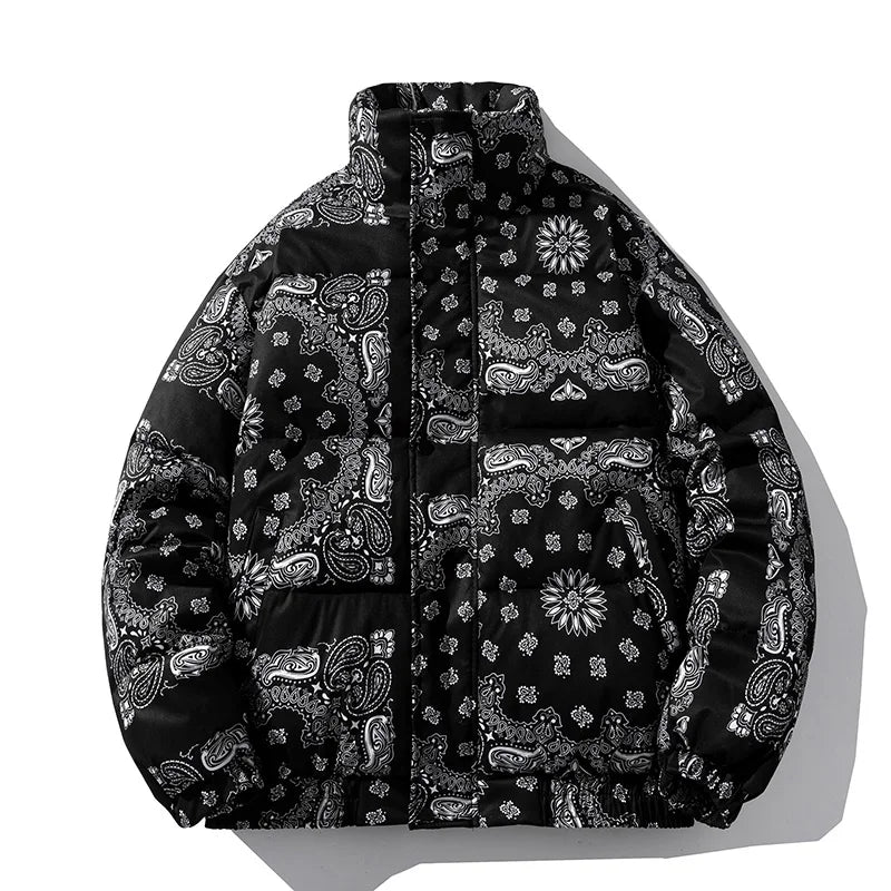 Winter Bandana Puffer Jacket Men Brand Thick Warm Casual Parka Loose Harajuku Fashion Zipper Paisley Windproof