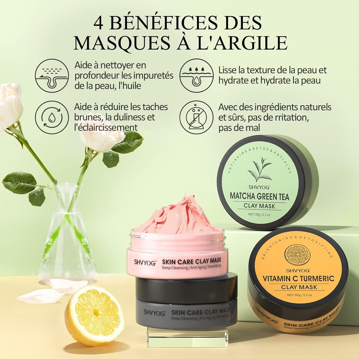 Masque Visage Au Curcuma, Masque D'Argile Détox Au Thé Vert, Masque De Boue Aux Minéraux De La Mer Morte, Masque À L'Argile Rose, Kit De Masque Pour Le Visage Pour Nettoyer En Profondeur, 240G