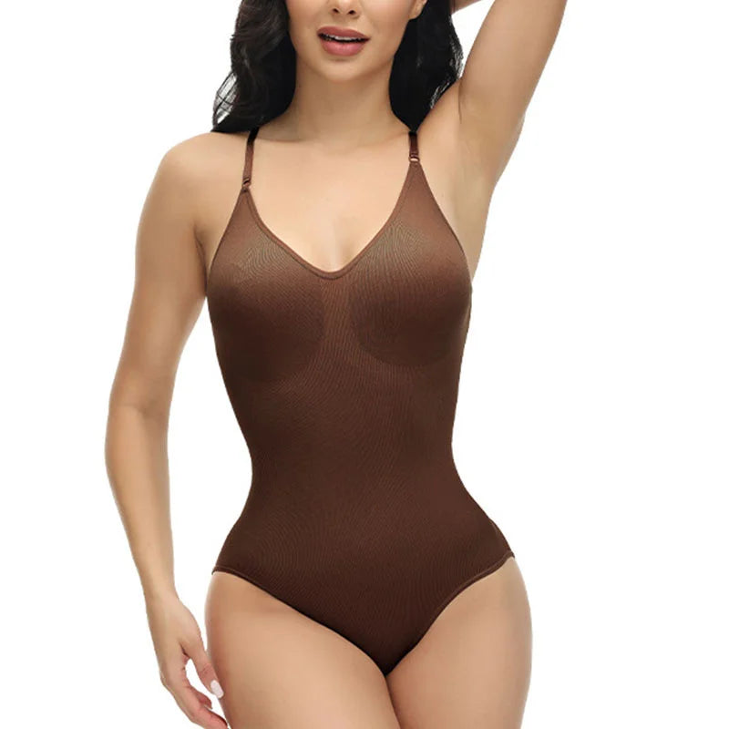 New Women V Neck Spaghetti Strap Bodysuits with Padded Body Suits Open Crotch Shapewear Slimming Body Shaper Smooth Out Bodysuit