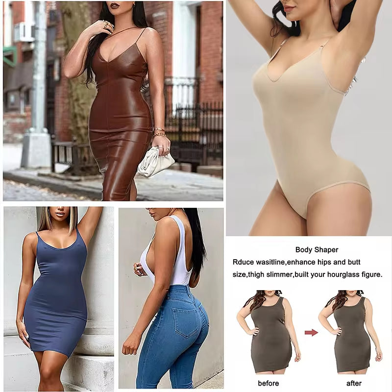 New Women V Neck Spaghetti Strap Bodysuits with Padded Body Suits Open Crotch Shapewear Slimming Body Shaper Smooth Out Bodysuit